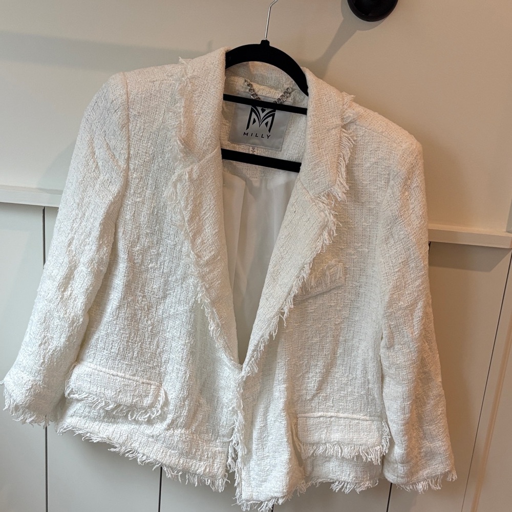 Milly Textured Cream Frayed Blazer